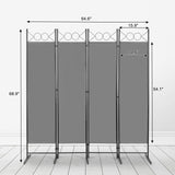 5.7ft 4-Panel Folding Room Divider with Shaped Top – Polyester Fabric Privacy Screen, Steel Frame, Grey