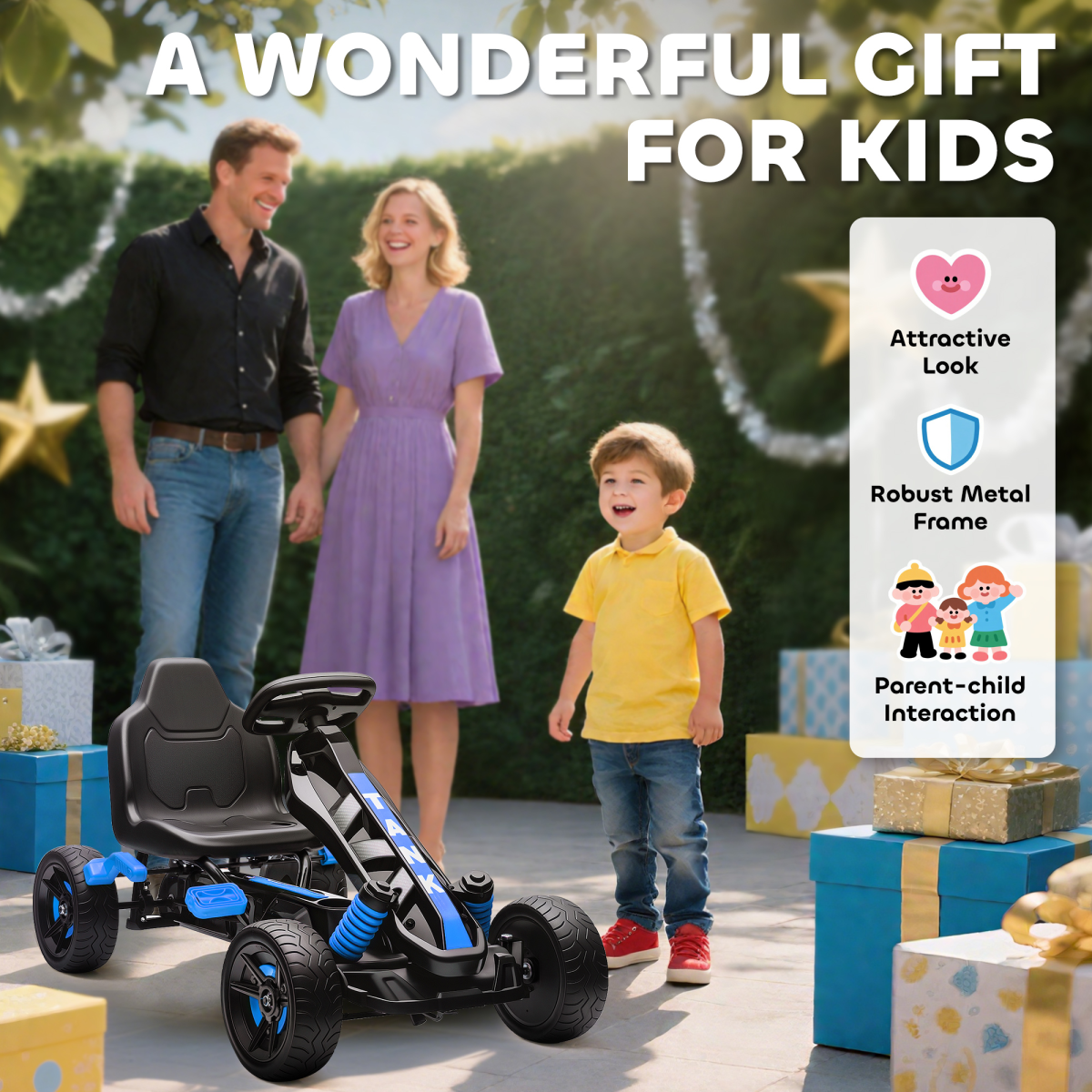 Kids Pedal Go-Kart with Freewheel, Forward, Reverse & Brake Controls and Cup Holder – Outdoor Ride-On, Blue