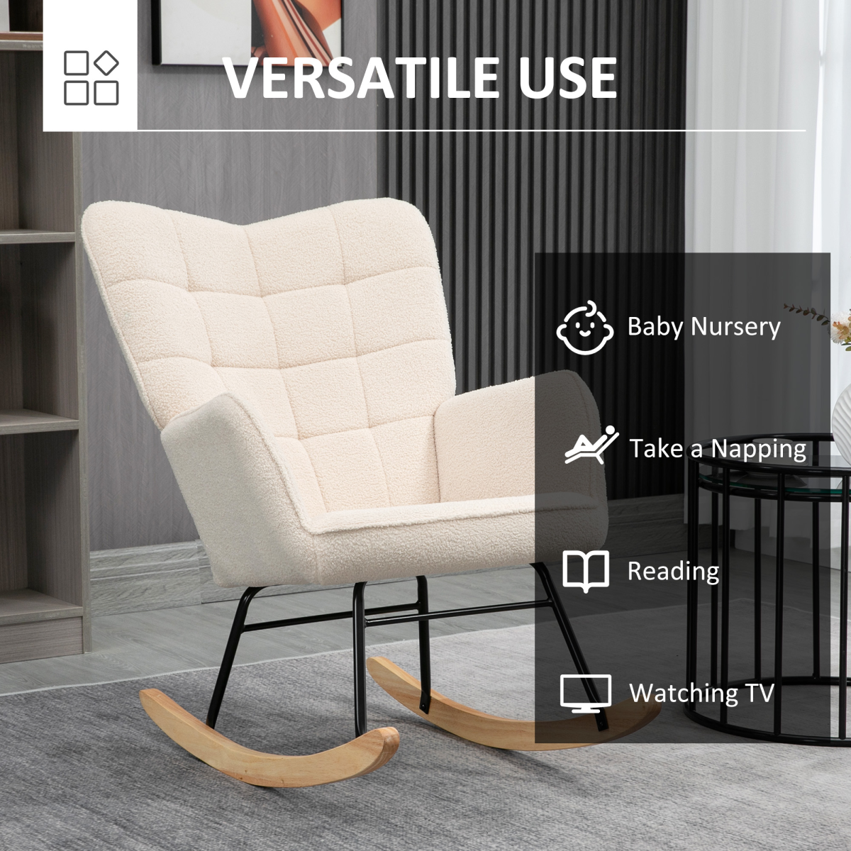 HOMCOM Wingback Nursing Rocking Chair with Curved Wooden Base & Fleece Upholstery – Nursery Armchair, Beige