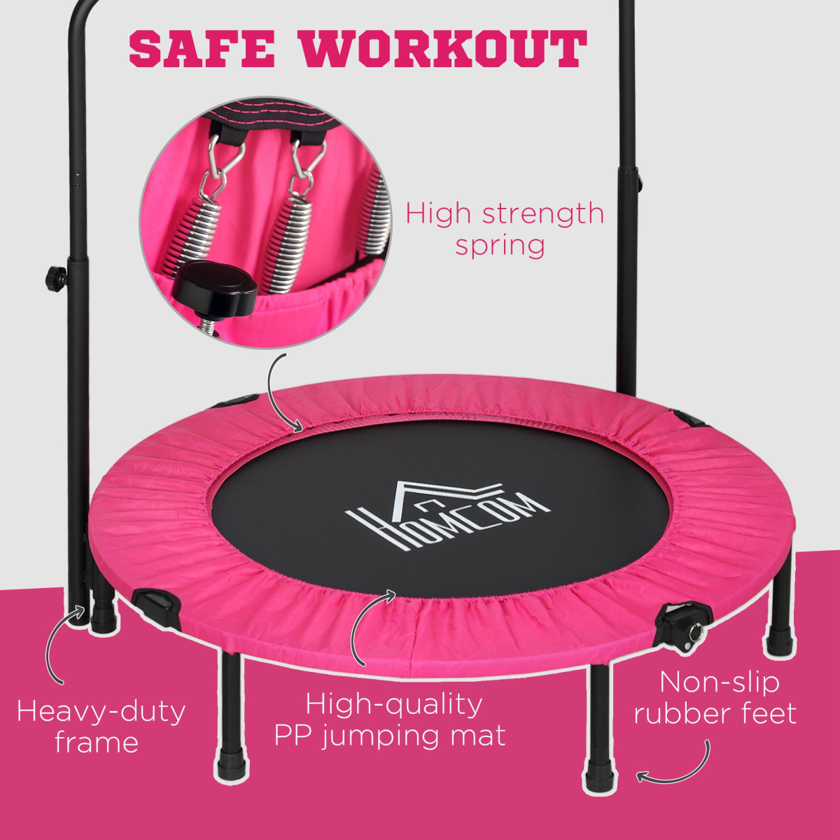 HOMCOM 40" Foldable Mini Fitness Trampoline with Foam Handle – 4-Level Adjustable Rebounder, Pink