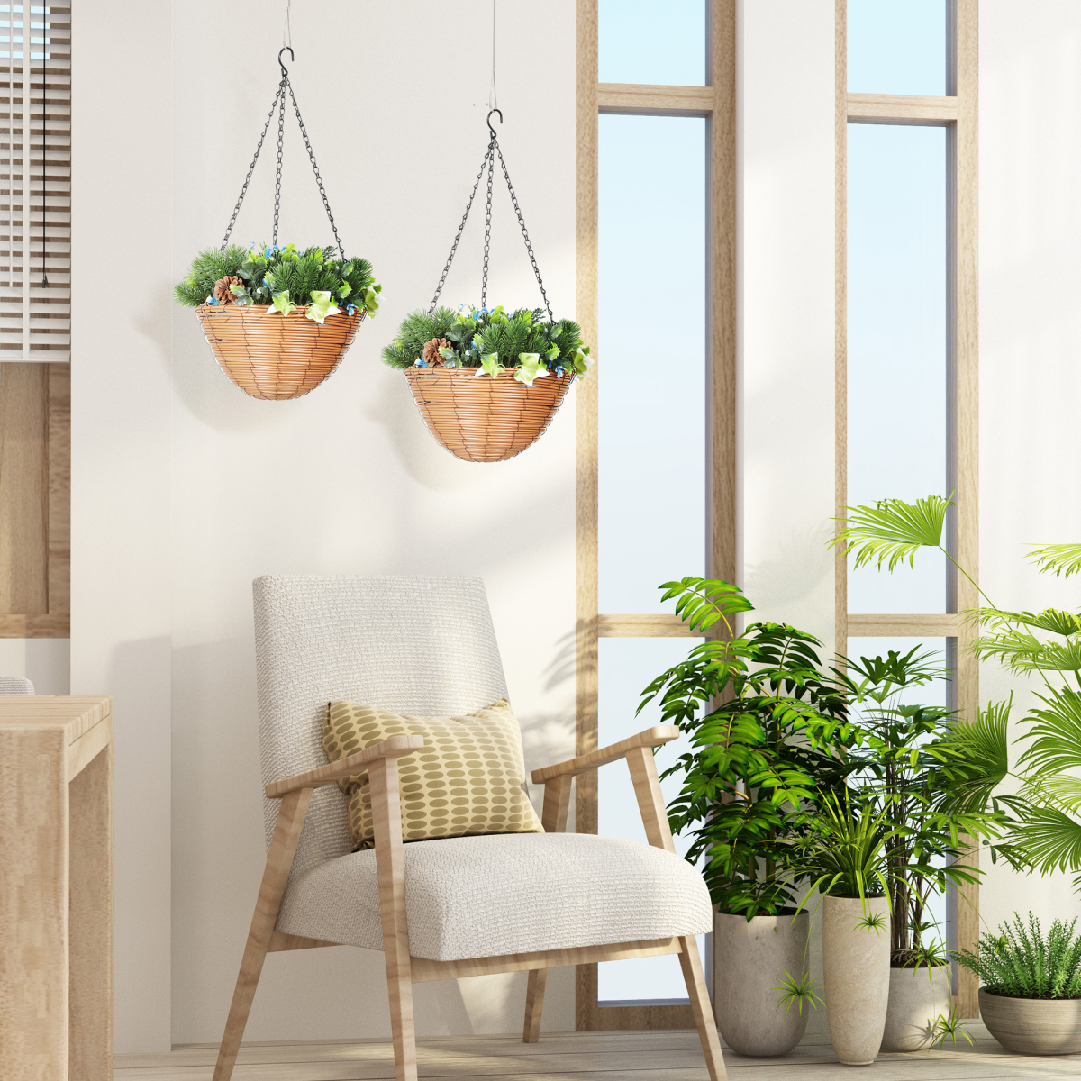 Artificial Hanging Baskets Set of 2 with Lifelike Plants & Pinecones – Maintenance-Free Decor, Blue & Green