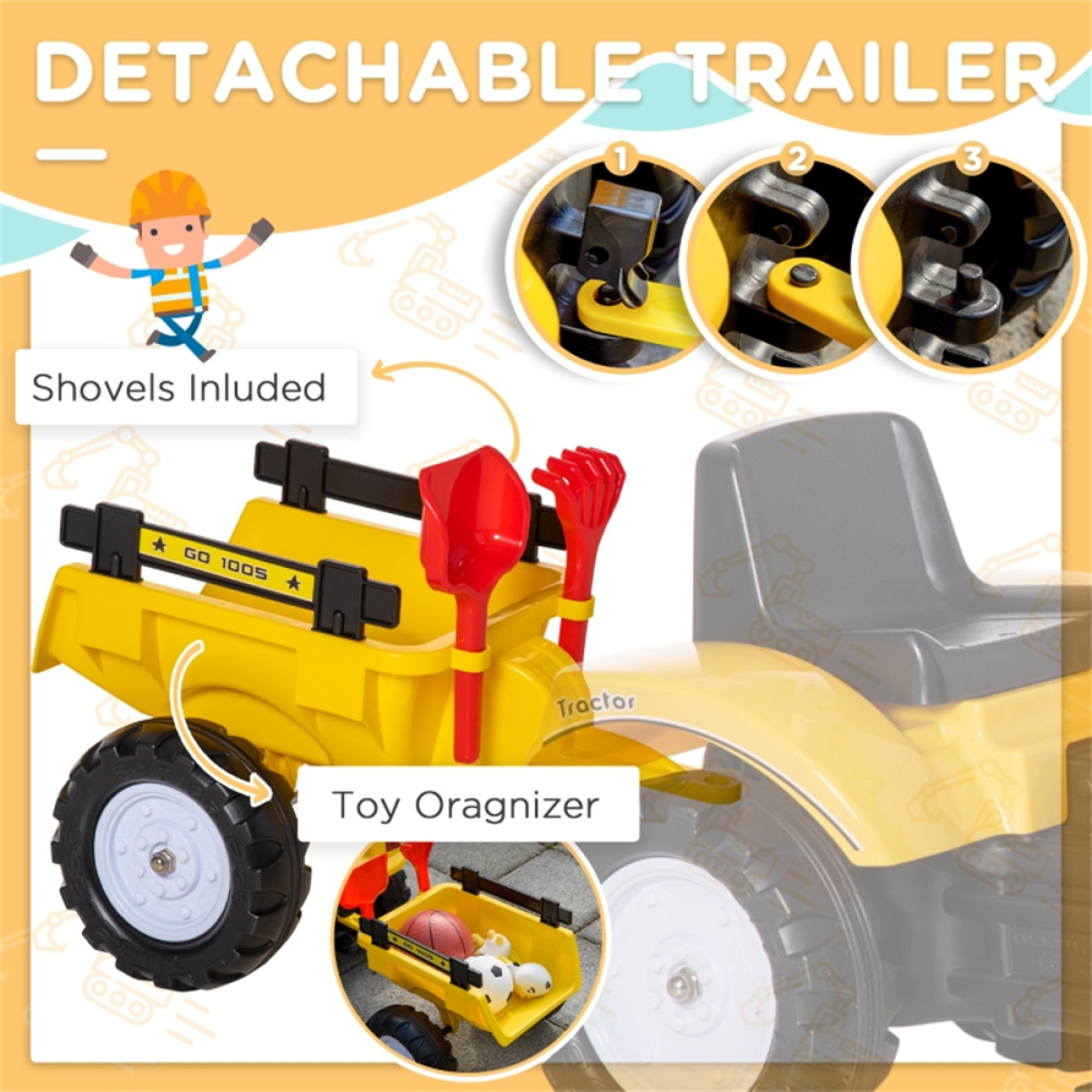 Kids Ride-On Construction Truck with Lift Arm, Horn and Detachable Trailer – Pedal Digger, Yellow
