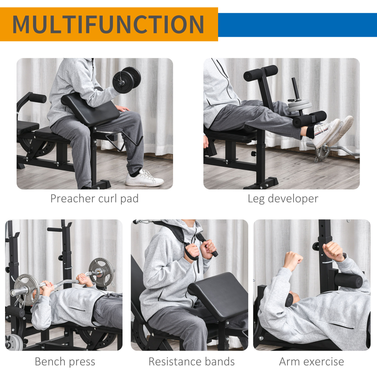 HOMCOM Multi-Exercise Weight Bench with Barbell Rack, Preacher Curl, Leg Extension & Resistance Bands