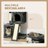 PawHut Cat Activity Tree with 2 Houses, Cushioned Perch and Sisal Scratching Posts – Indoor Cat Tower, Black