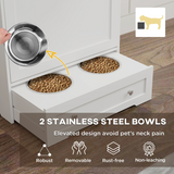 PawHut Dog Feeding Station with 2 Storage Cabinets, 2 Elevated Stainless Steel Bowls & Anti-Tip Kit, White