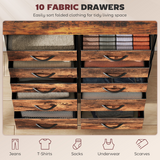 Fabric Chest of Drawers with 10 Drawers, Side Pockets & Hooks – Steel Frame Storage Unit, Rustic Brown and Black