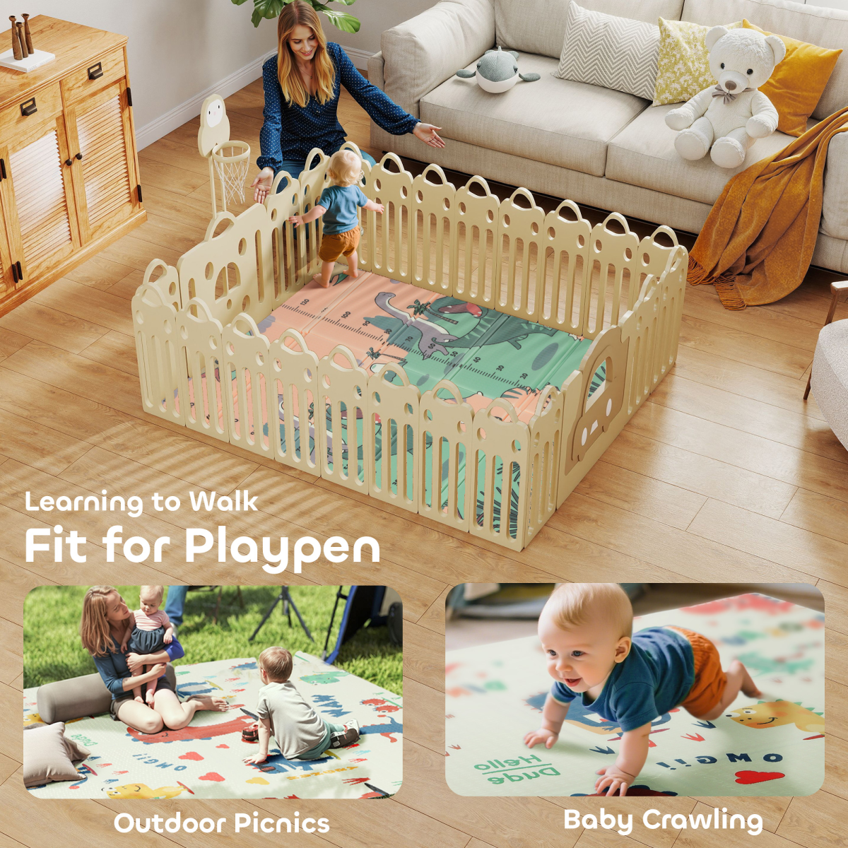 Foldable Baby Play Mat – Reversible Dinosaur Foam Crawling Mat, 177 x 146 cm