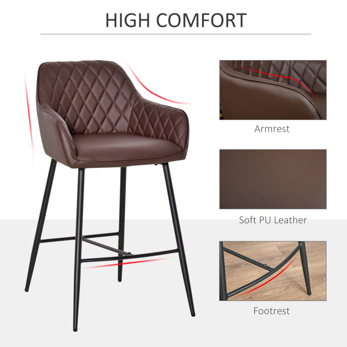 HOMCOM Retro PU Leather Bar Chairs with Footrest & Metal Frame – Set of 2 Kitchen Bar Stools