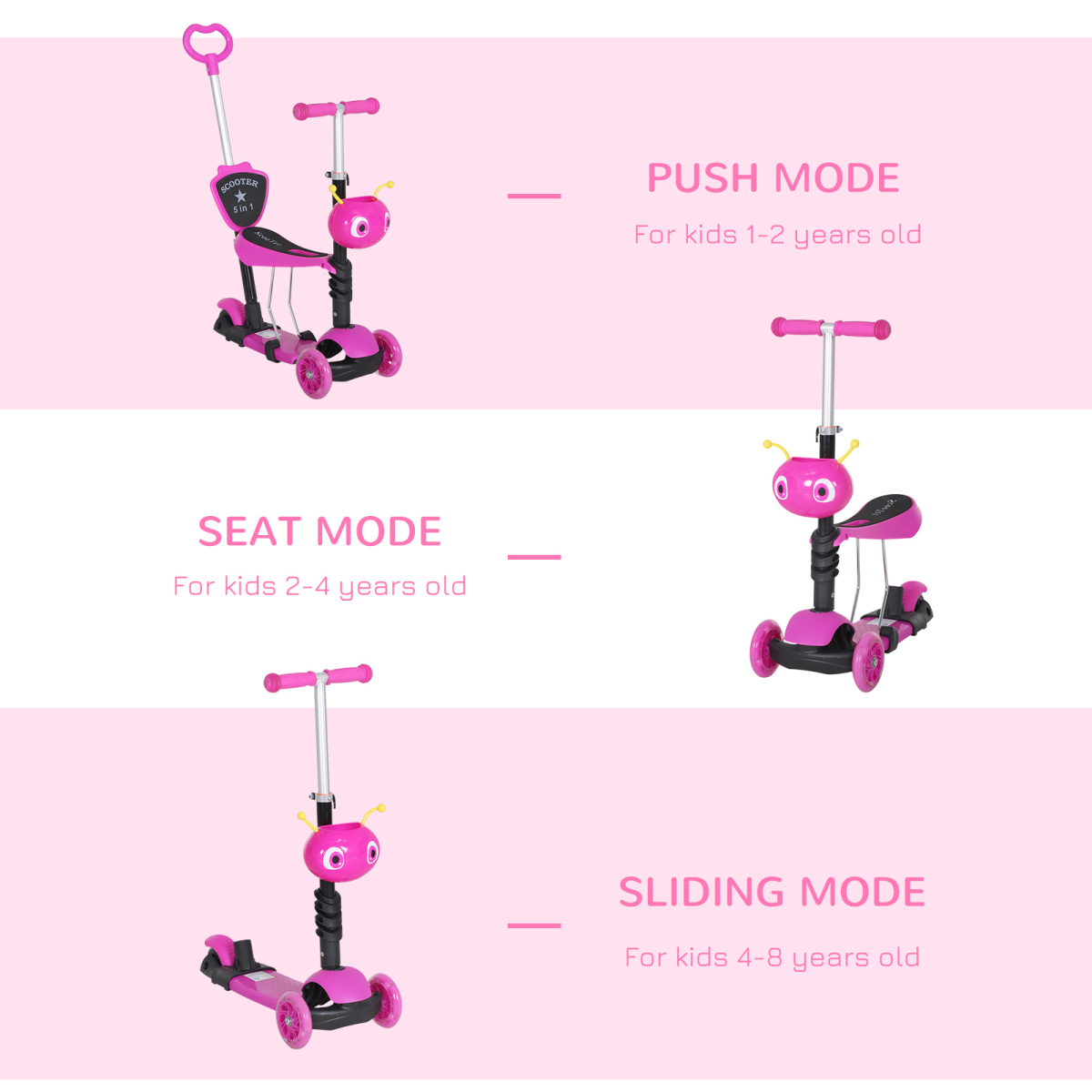 HOMCOM 5-in-1 Kids Kick Scooter with Removable Seat & Height-Adjustable Handle – Lean-to-Steer Toddler Scooter