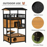 PawHut Wooden Outdoor Cat House with 3 Tiers, Tilted Roof and Balconies – Kitten Shelter, Yellow