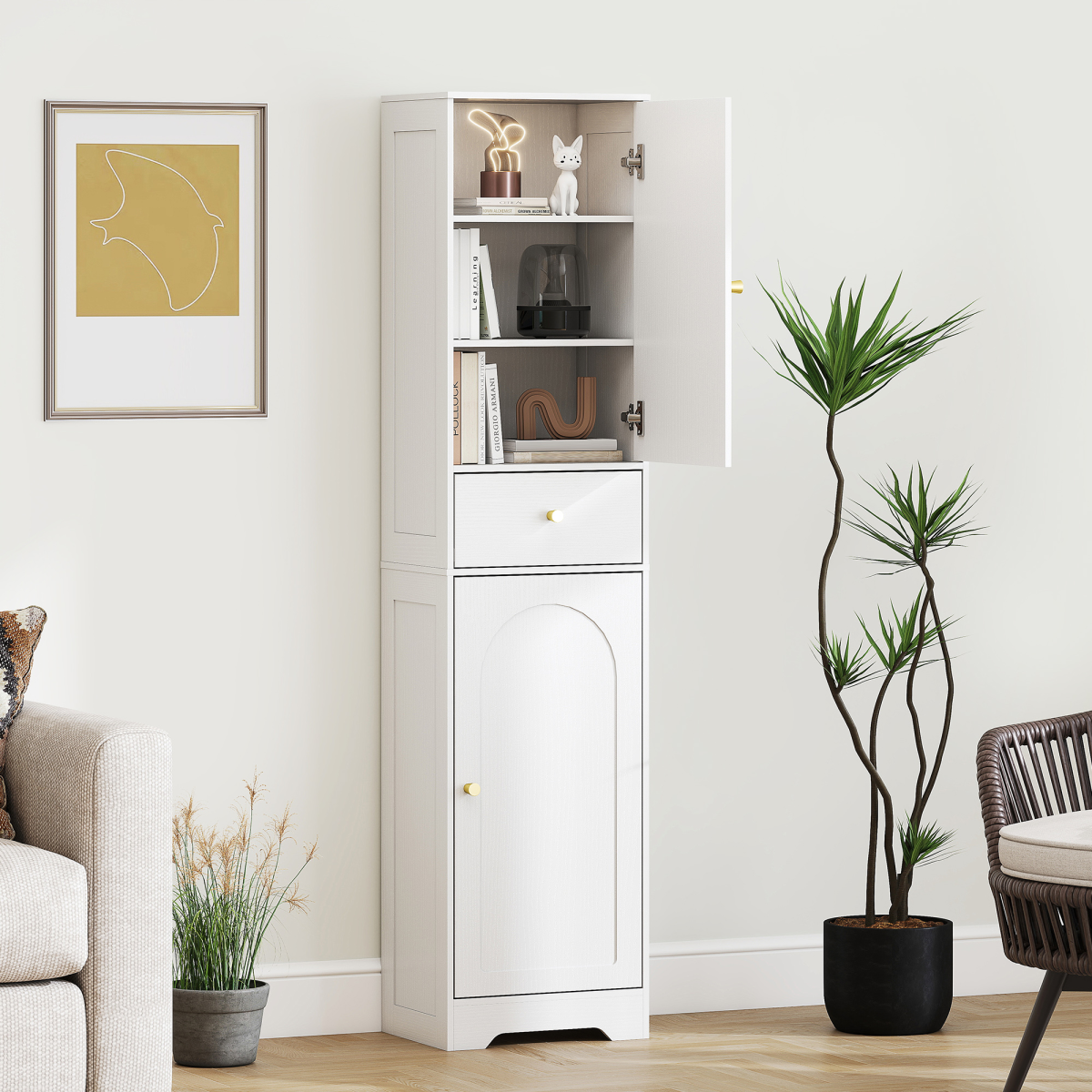 Tall Bathroom Cabinet with Arched Doors, Drawer & Adjustable Shelf – Slim Freestanding Storage Unit, White