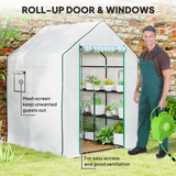 Outsunny Walk-in Greenhouse with 8 Wire Shelves, Roll-up Door & Mesh Windows – Outdoor Plant House, White