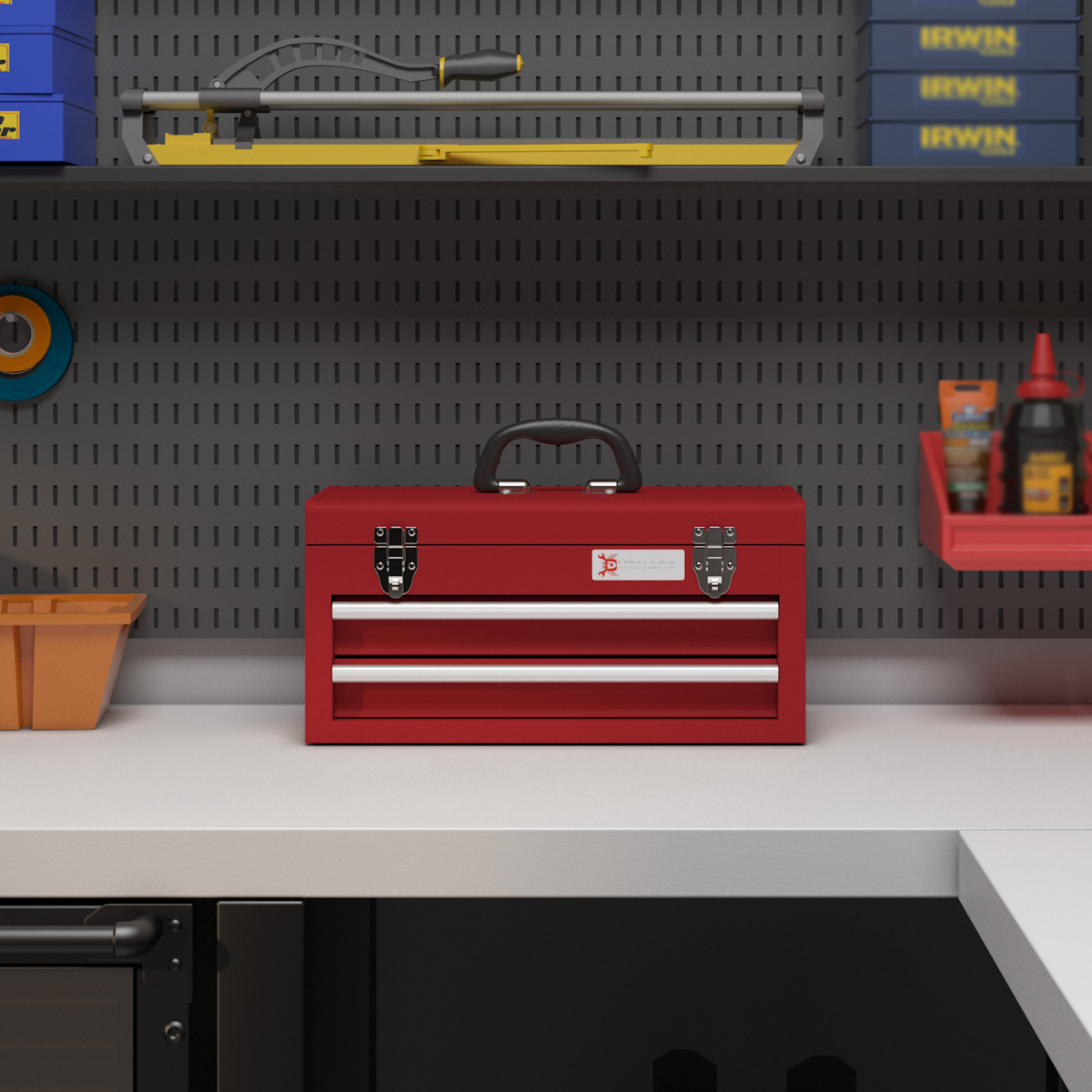 DURHAND Lockable 2 Drawer Steel Tool Chest with Ball Bearing Slides and Top Compartment – DIY Storage, Red