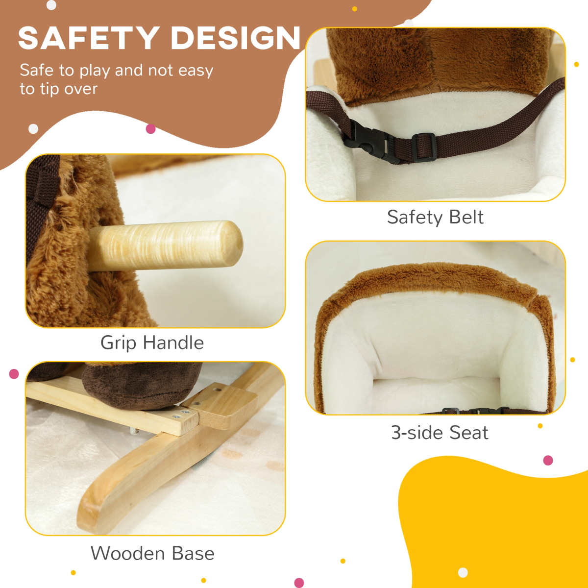 AIYAPLAY Kids Rocking Horse with Neighing Sounds, Safety Belt and Footrest – Toddler Ride On, Brown