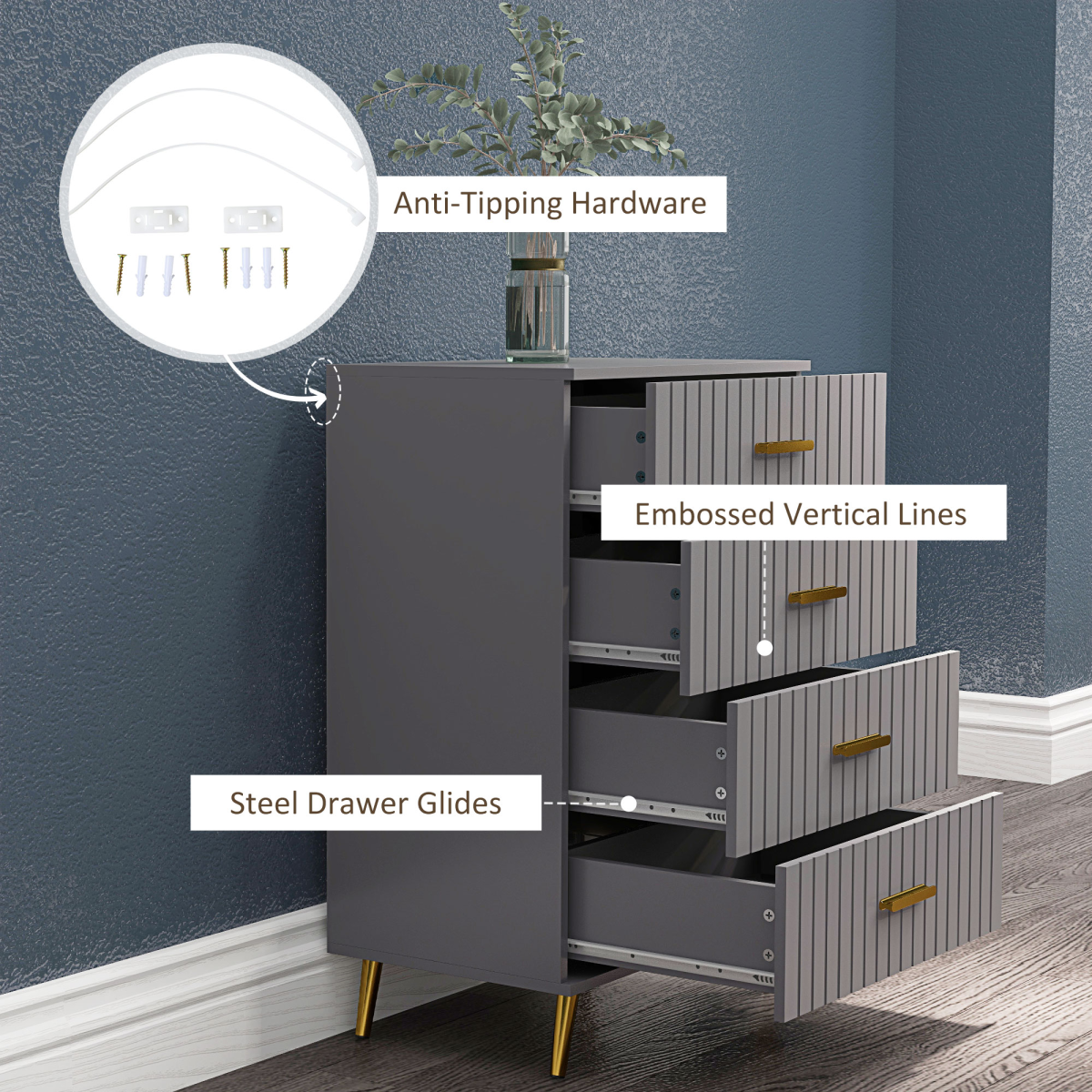 HOMCOM 4 Drawer Bedroom Chest with Aluminium Legs & Steel Glides – Modern Storage for Bedrooms & Hallways