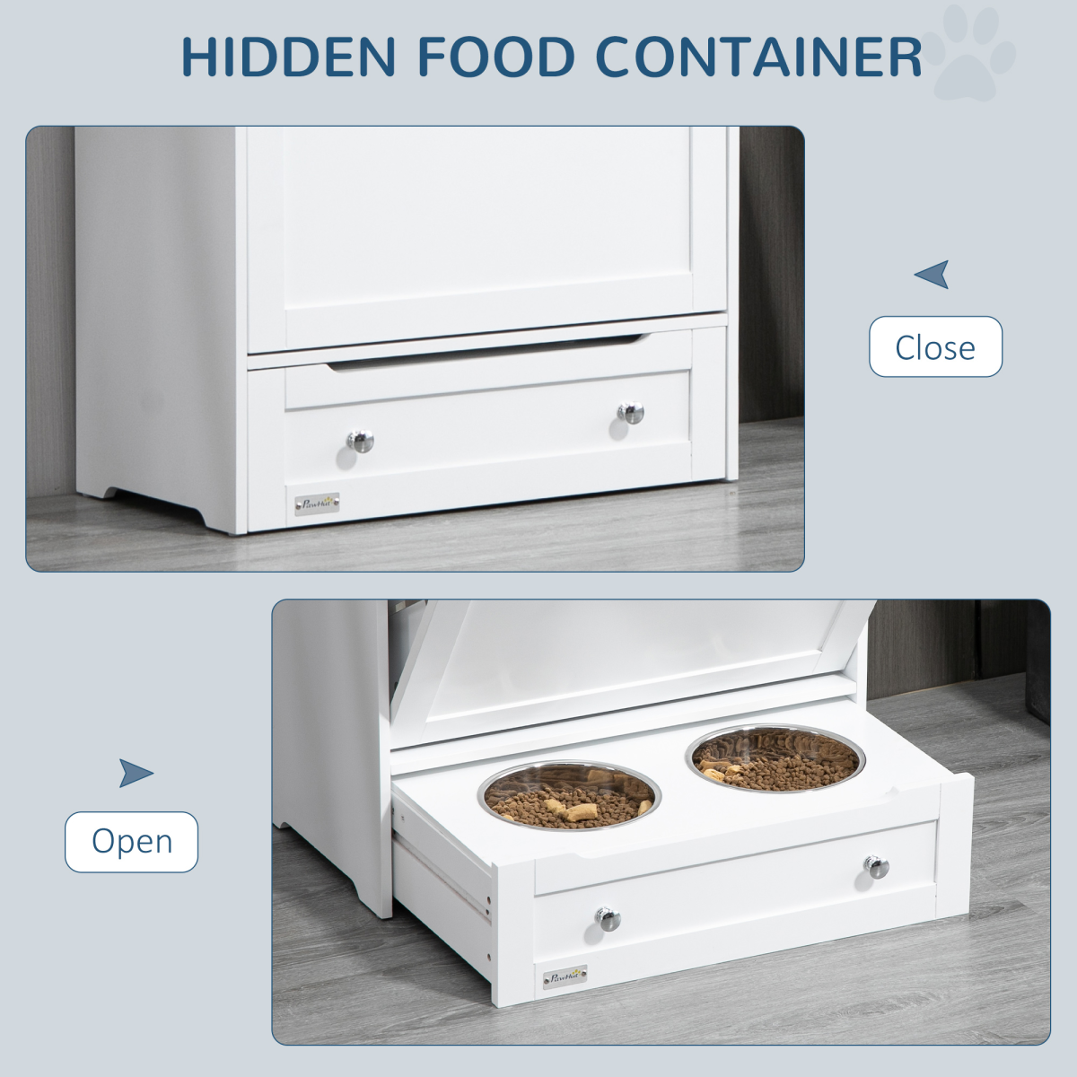 PawHut Pet Feeder Station with Two Removable Bowls & Storage Cabinet – Dog and Cat Feeding Table, White