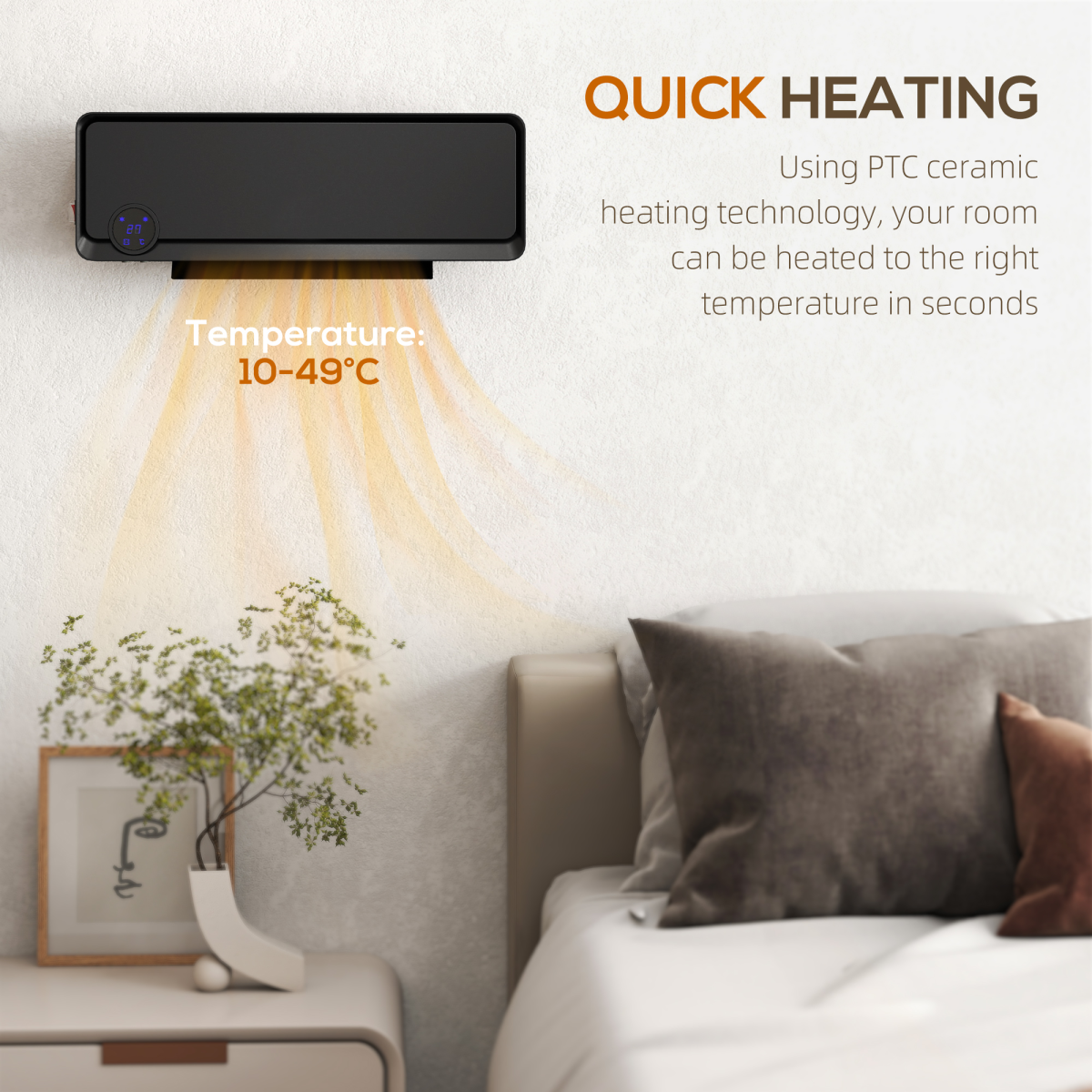 HOMCOM 1000W/2000W Wall Downflow Heater with 12-Hour Timer & Remote – 10-49°C, 30° Oscillation, Black