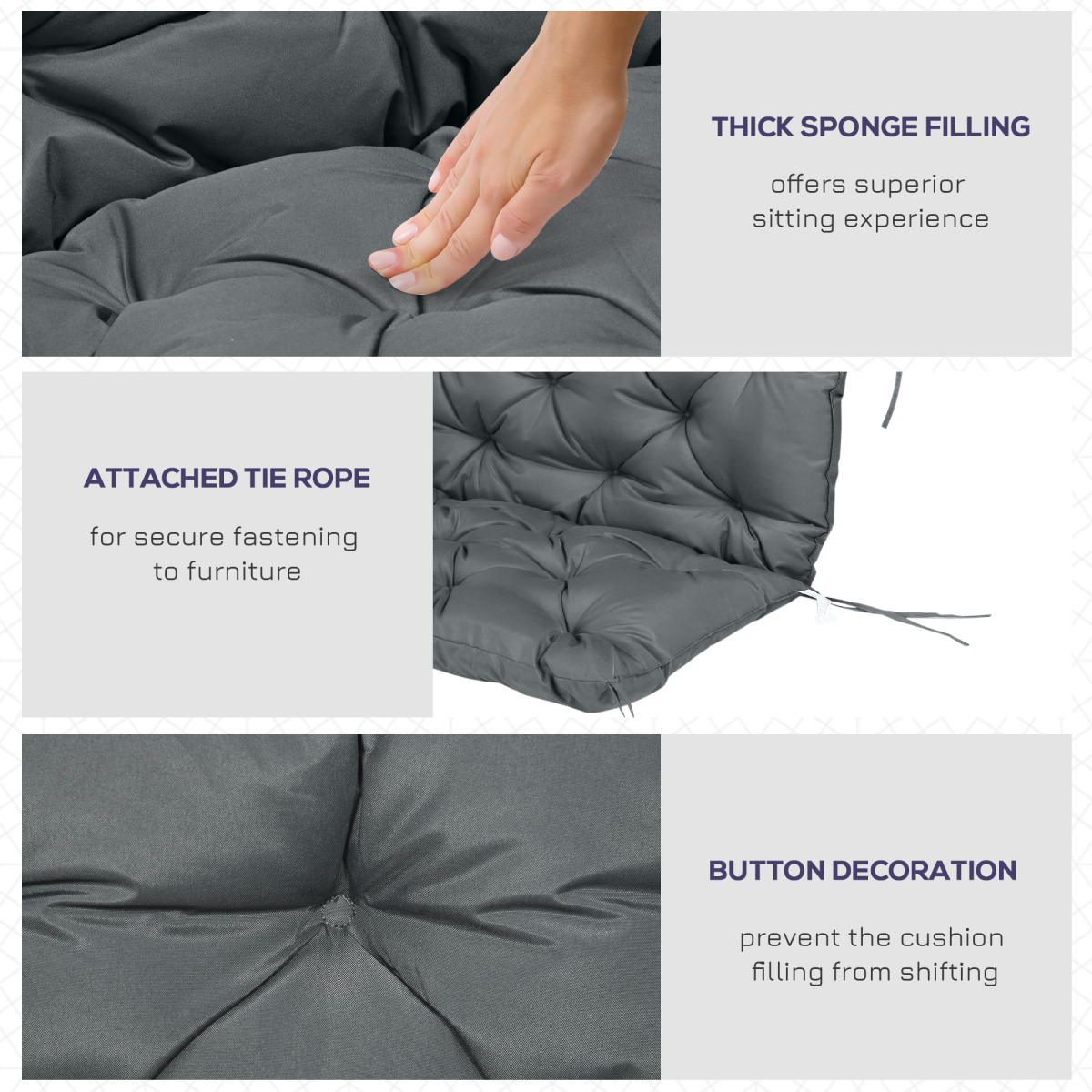 Outsunny 2 Seater Garden Bench Cushion with Ties – Large Padded Swing Chair Seat Pad, 110 x 120cm