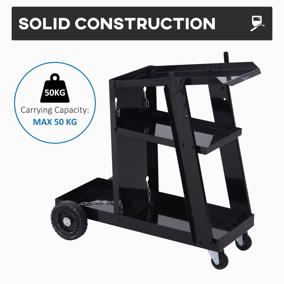 DURHAND Welding Cart with 3 Storage Trays, Safety Chains and 4 Wheels – Gas Bottle Welder Trolley, Black