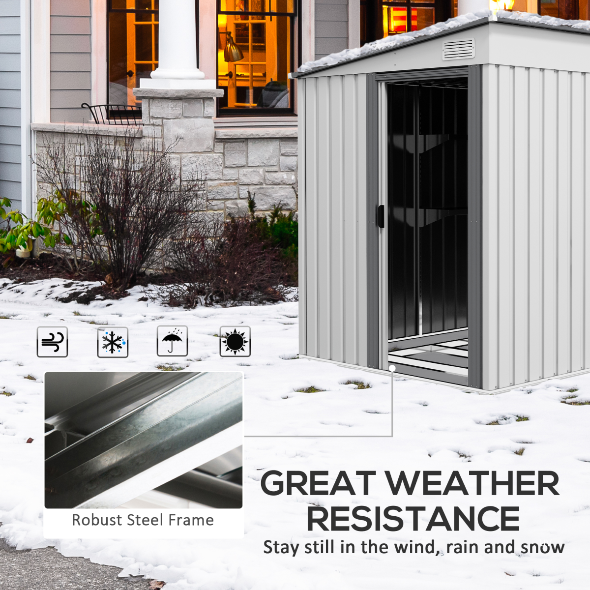 Outsunny 5 x 7ft Lean-To Metal Garden Shed with Foundation & Sliding Door – Tool and Bike Storage, White