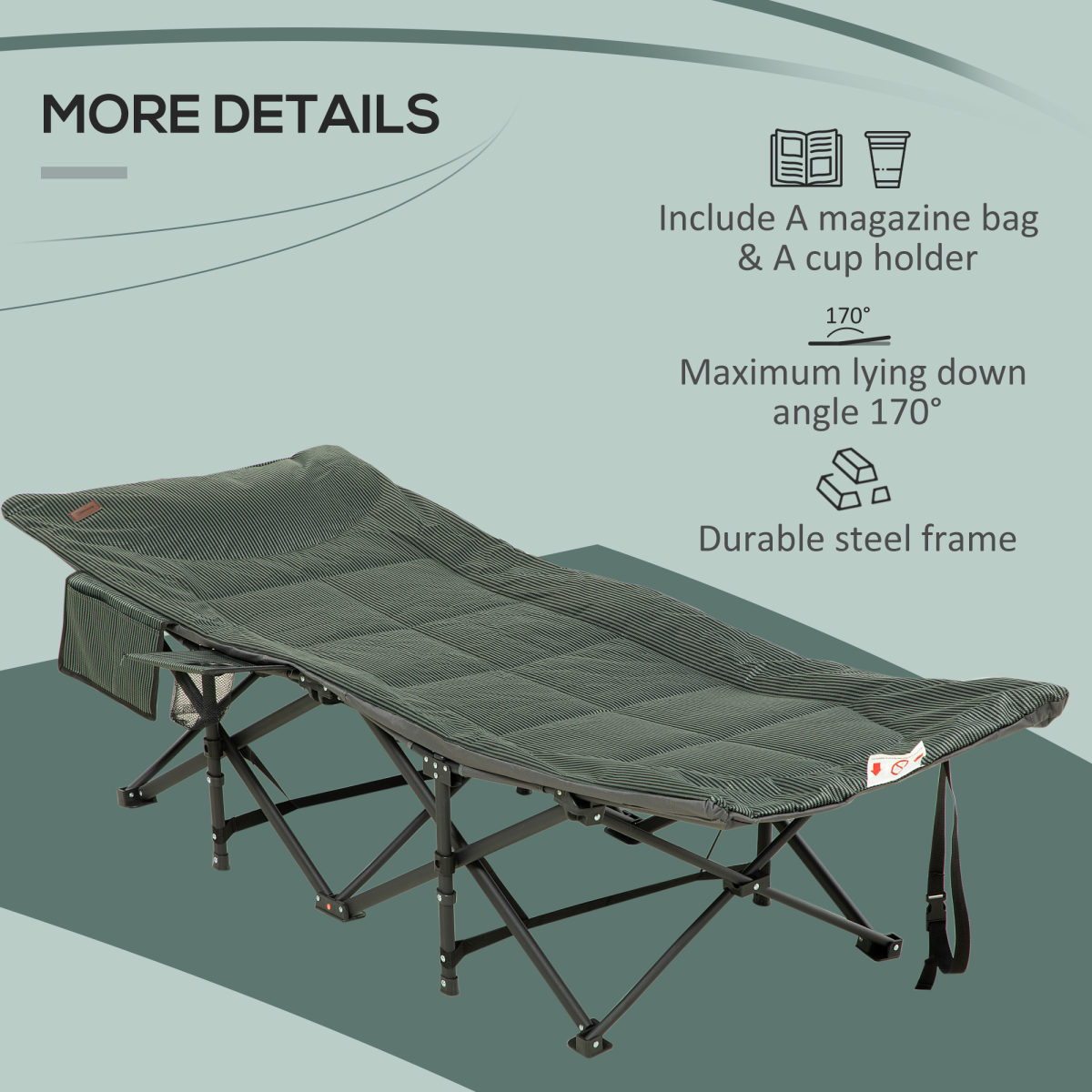 Outsunny Foldable Camping Bed with Cup Holder, Magazine Pocket & Carry Bag – 170° Recline, Grey