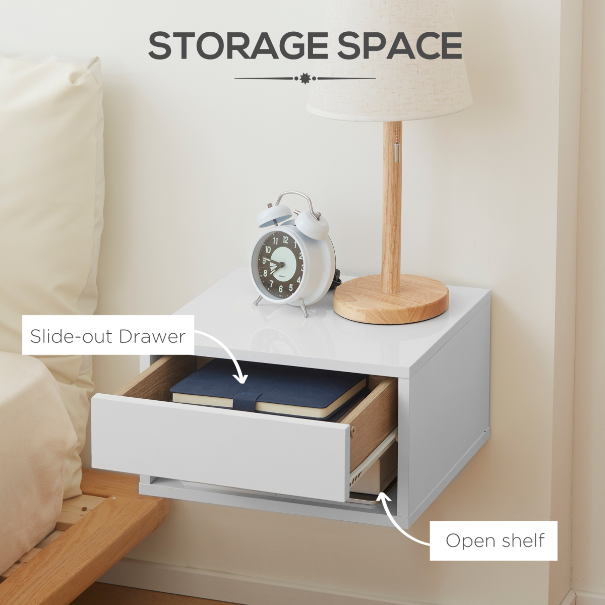 HOMCOM Floating Bedside Tables Set of 2 with Drawers & Shelves – Wall-Mounted Nightstands, White