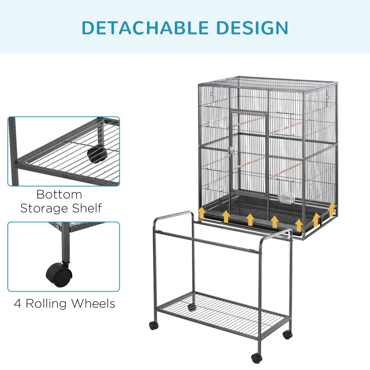 Pawhut Rolling Bird Cage with Detachable Stand, Storage Shelf, Wooden Perches & Food Containers