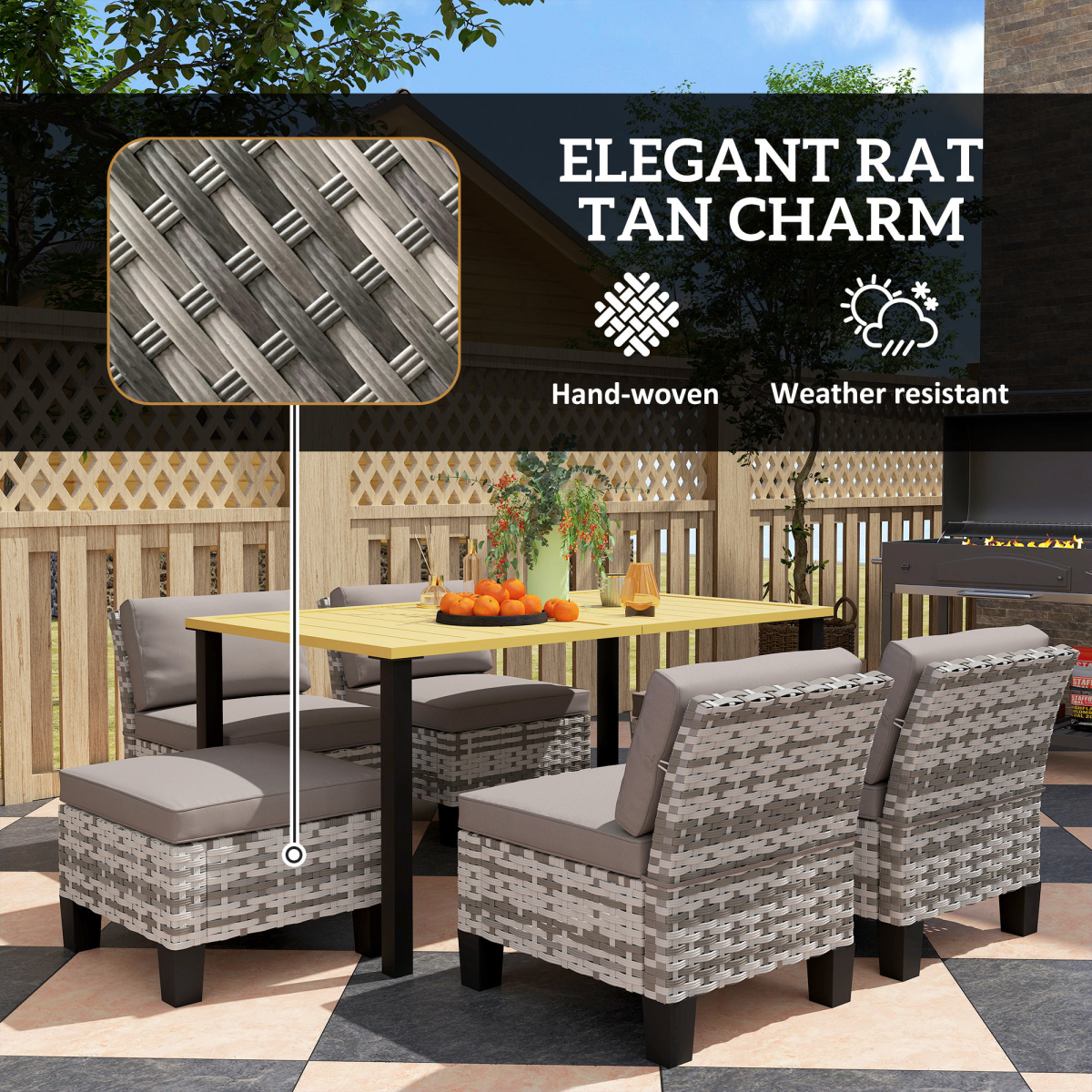 Outsunny 7 Piece Rattan Garden Dining Set with Cushions and Umbrella Hole – Outdoor Table, Chairs and Footstools, Grey