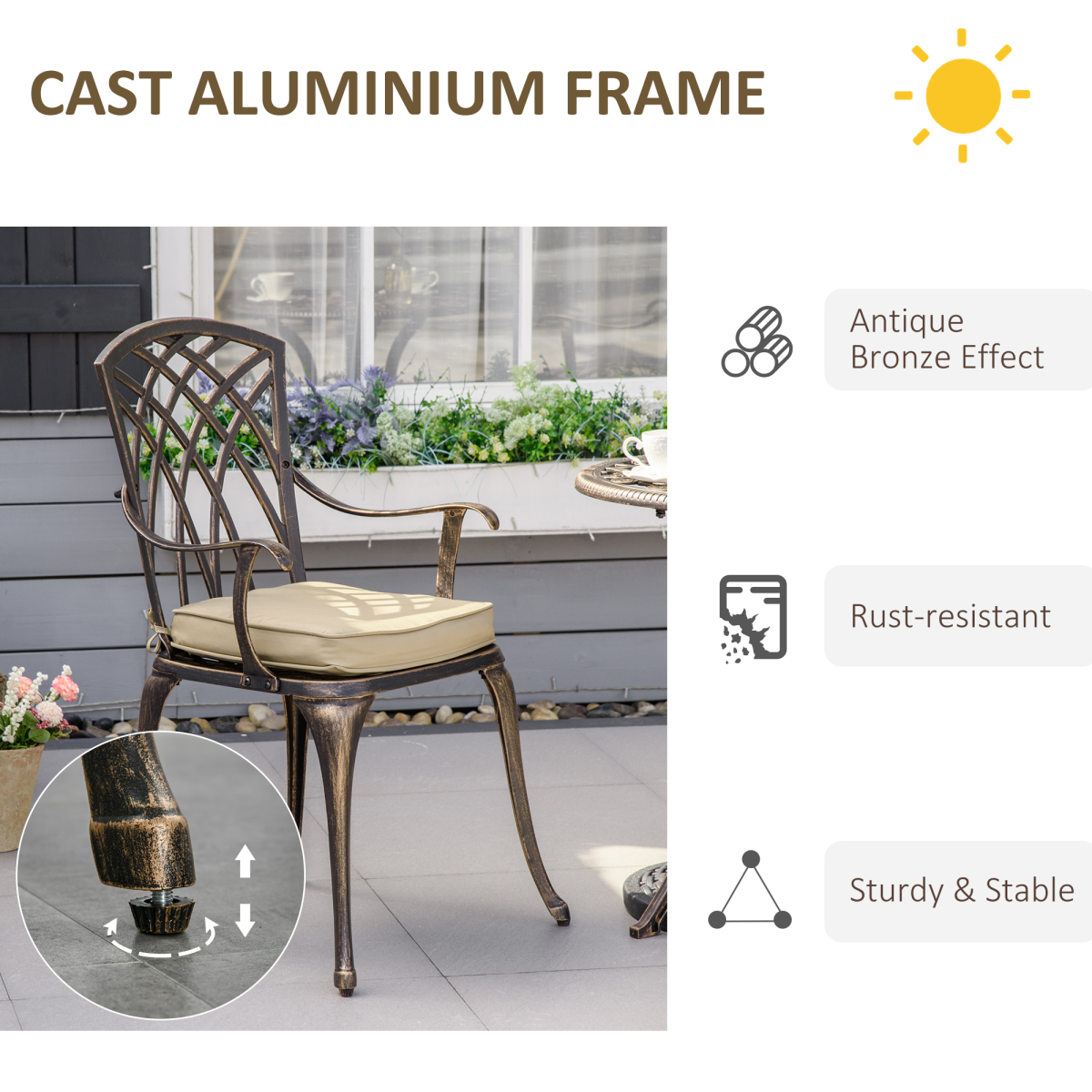 Outsunny 3-Piece Cast Aluminium Garden Bistro Set with Cushions & Parasol Hole – Table and 2 Chairs, Bronze