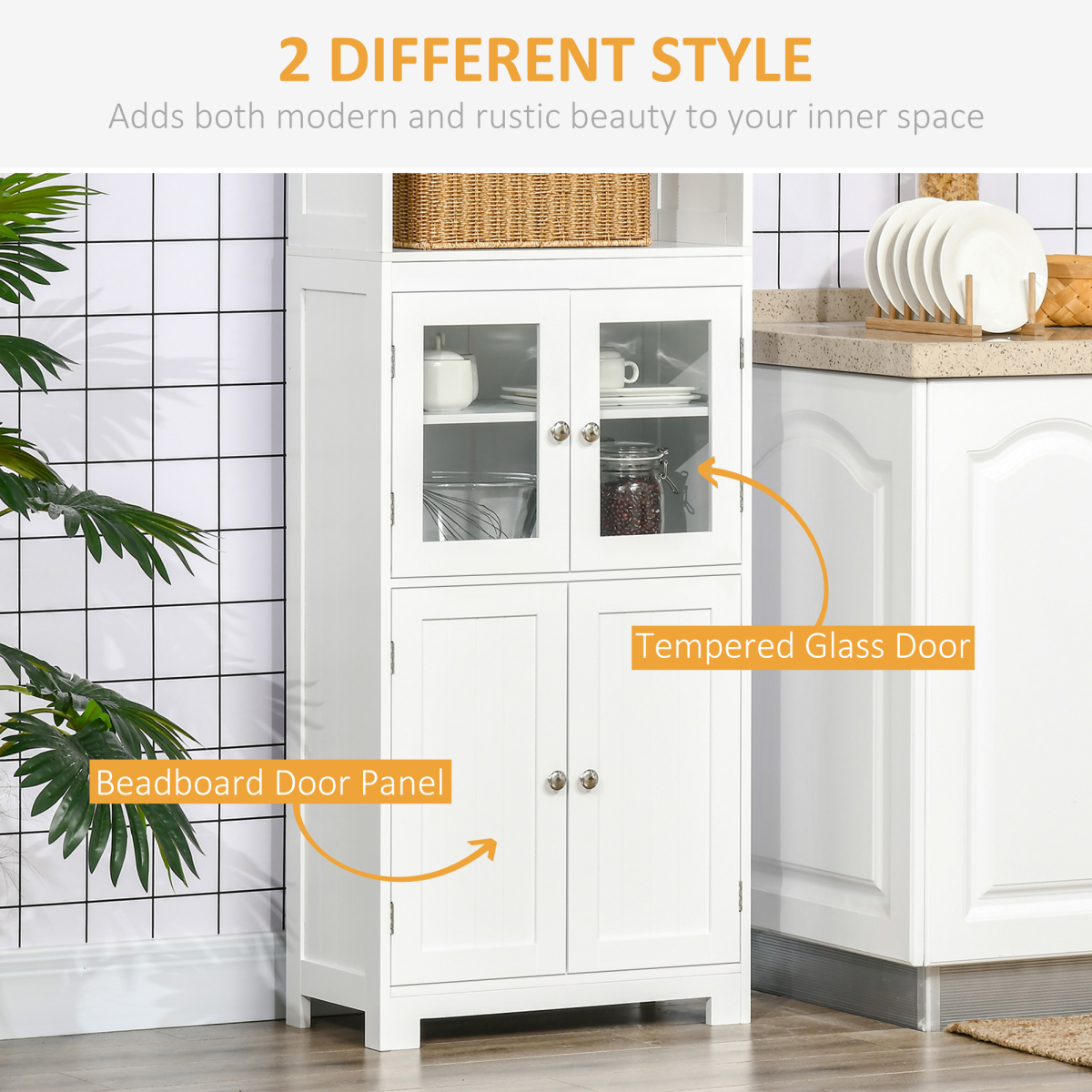 HOMCOM Kitchen Cupboard Storage Cabinet with Glass Doors & Adjustable Shelves – Pantry & Display Unit, White
