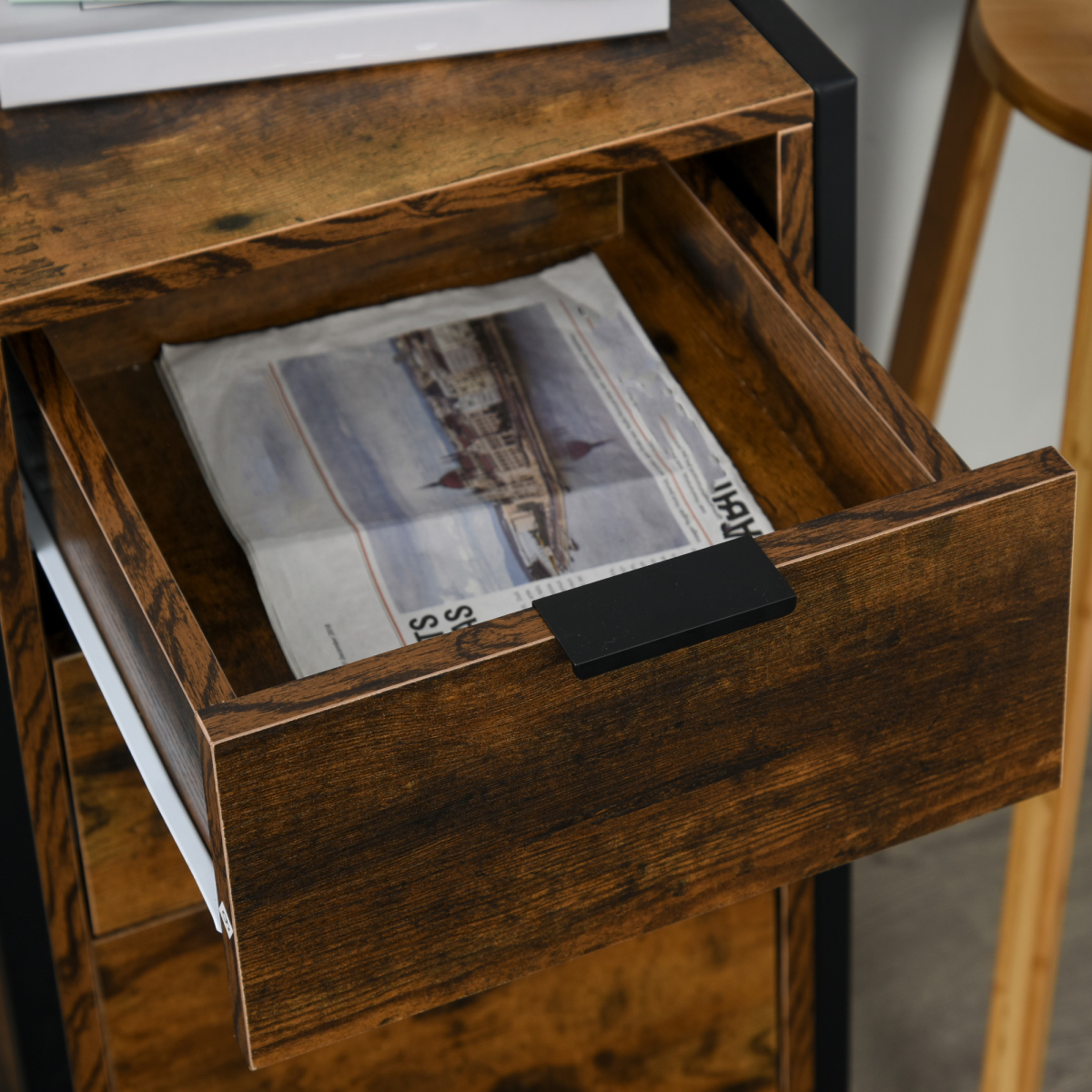 Industrial 3-Drawer Bedside Table with Steel Frame & Elevated Base – Bedroom Storage, Rustic Brown