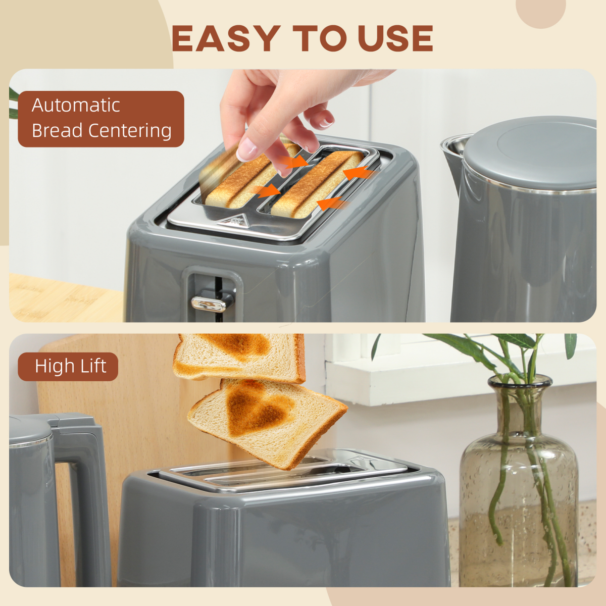 Stainless Steel Kettle and Toaster Set with 3000W Kettle & Browning Control – Matching Kitchen Duo, Grey