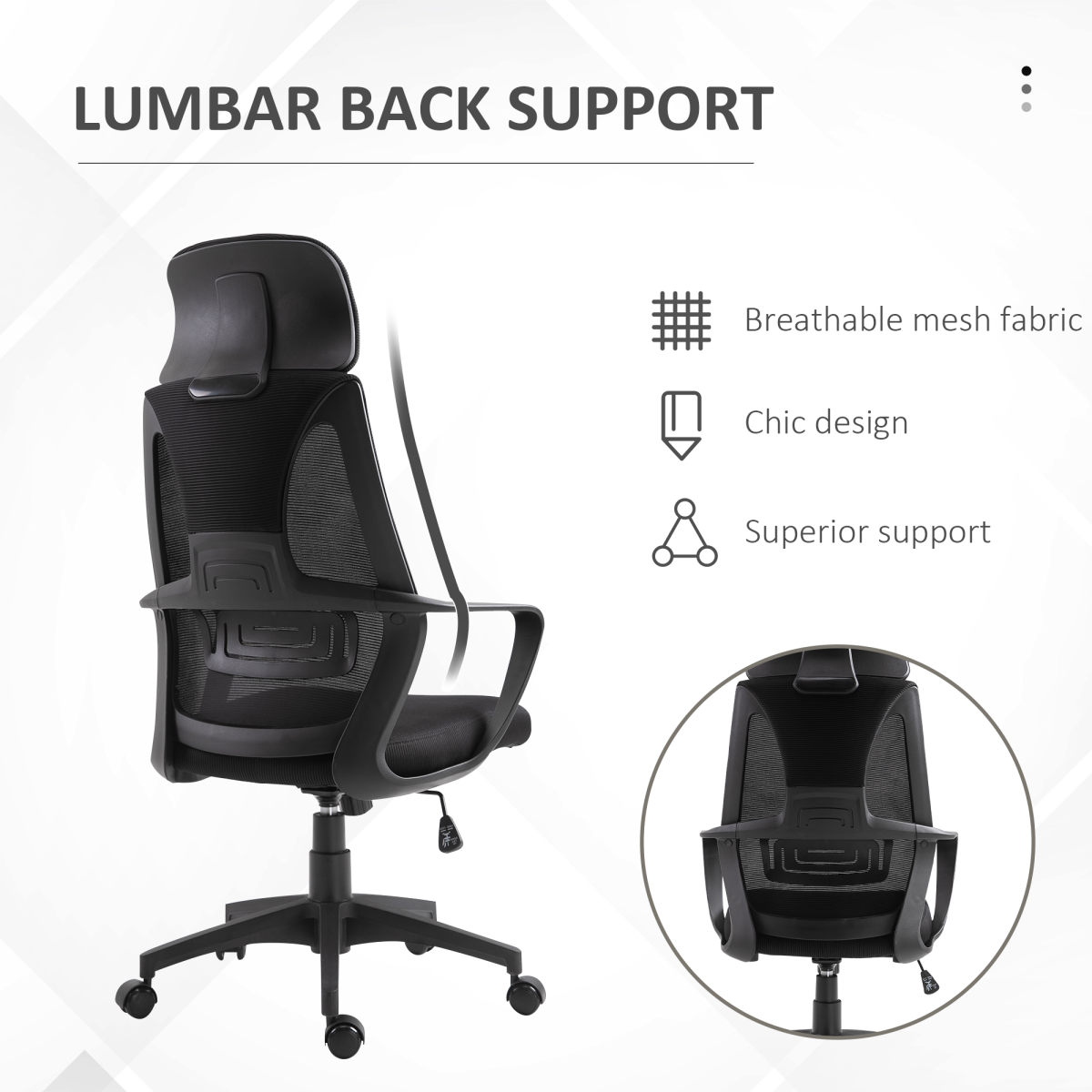 Mesh Back Office Chair with Adjustable Padded Headrest, Wide Seat & 360° Swivel – Home Office Chair, Black