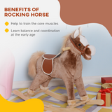 HOMCOM Kids Plush Rocking Horse with Wooden Base and Metal Frame – Ride-On Rocker Toy, Birthday Gift