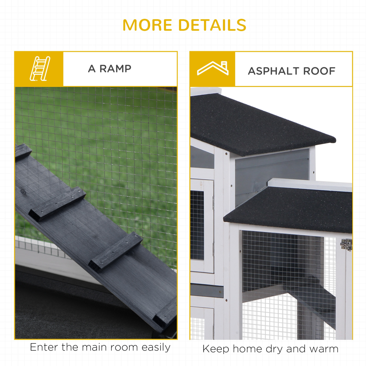 Wooden Rabbit Hutch and Run with Elevated House, Ramp, Asphalt Roof and Slide-Out Trays – 157 x 53 x 93cm