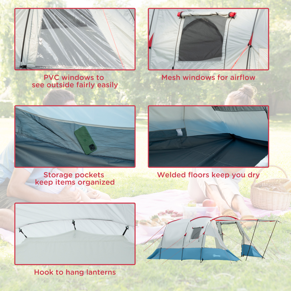 Outsunny 6-8 Person Tunnel Tent with Two Rooms, 3 Doors & Carry Bag – Waterproof Family Camping Tent, Blue
