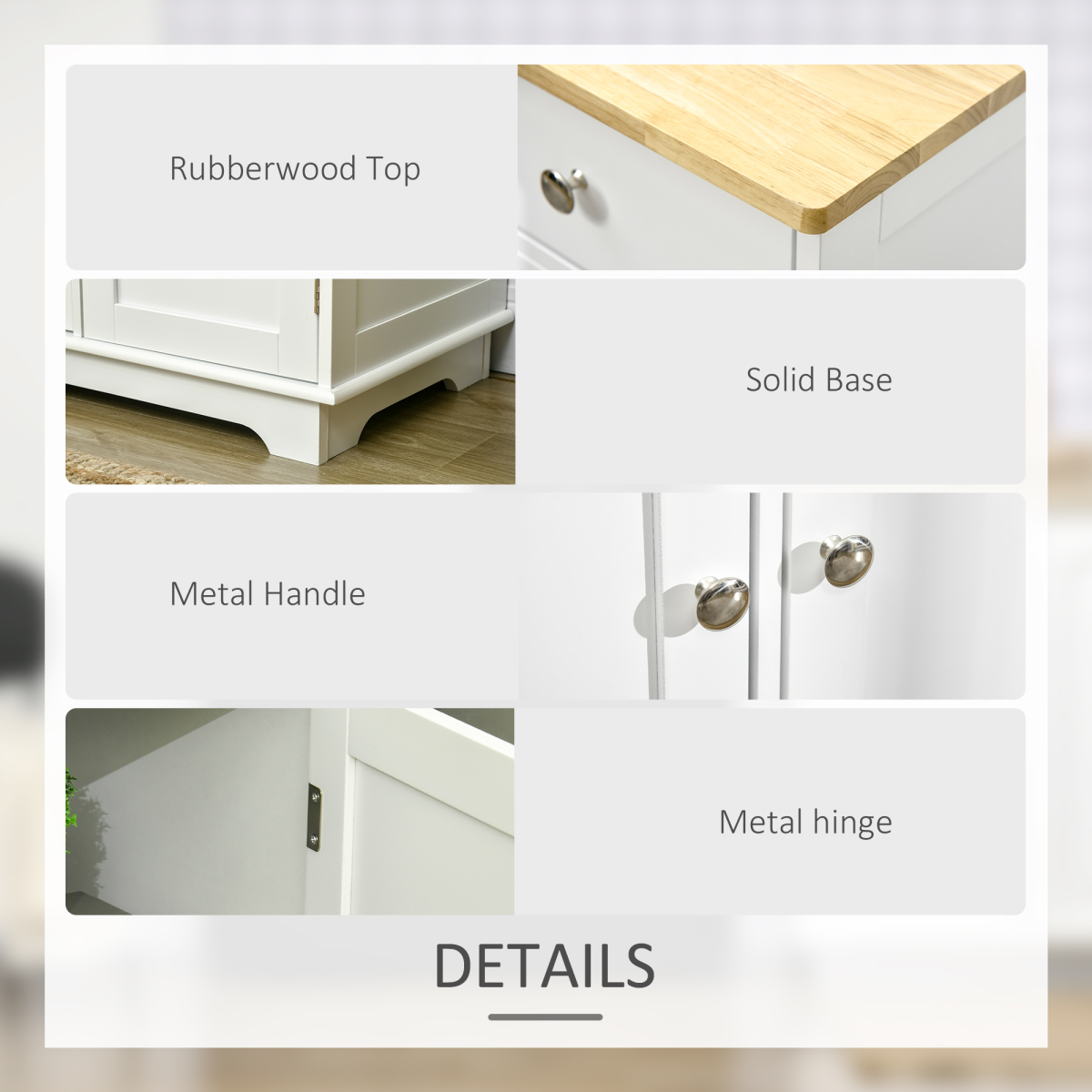 HOMCOM White Sideboard with Natural Rubberwood Top, 3 Drawers & Adjustable Shelves – Storage Cabinet
