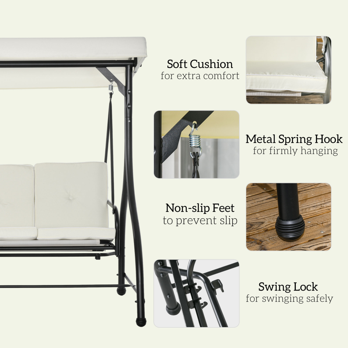 Outsunny 3-Seater Canopy Swing Chair with Padded Cushions – Garden Hammock Bench, Adjustable Canopy, Cream White