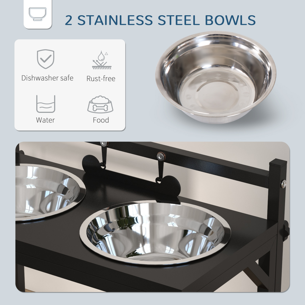 PawHut Raised Dog Bowl Stand with Two Stainless Steel Bowls – Adjustable Height Feeder, Black