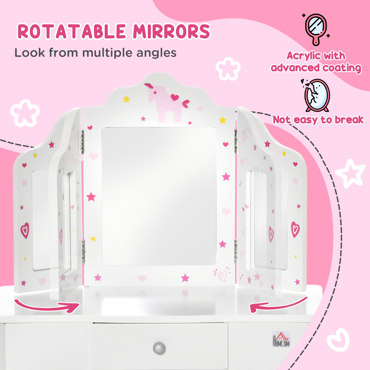 HOMCOM Kids Vanity Table and Stool Set with Rotatable Mirrors & Drawer – Girls' Dressing Table, Stars & Hearts