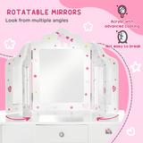 HOMCOM Kids Vanity Table and Stool Set with Rotatable Mirrors & Drawer – Girls' Dressing Table, Stars & Hearts