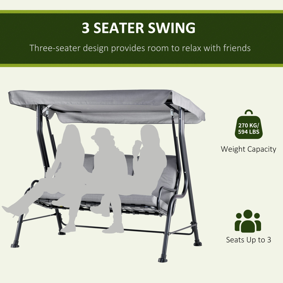 Outsunny 3 Seater Garden Swing Chair with Thick Padded Seat & Canopy – Bench Bed, Grey