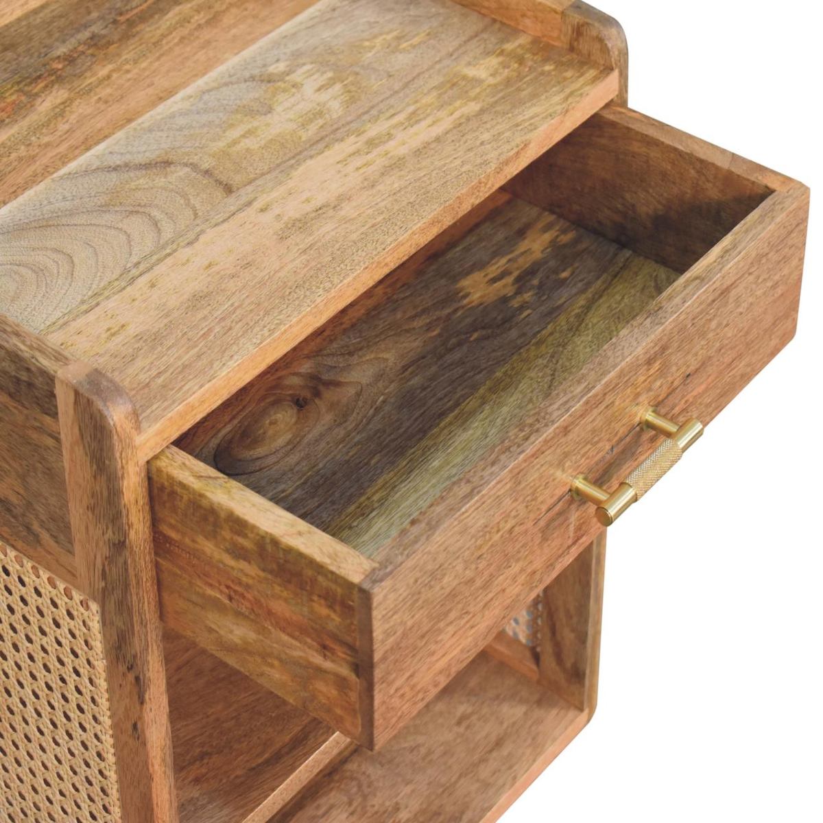 Artisan Furniture Solid Wood Larissa T-Bar Bedside Table with 1 Drawer & 2 Open Slots – Beige