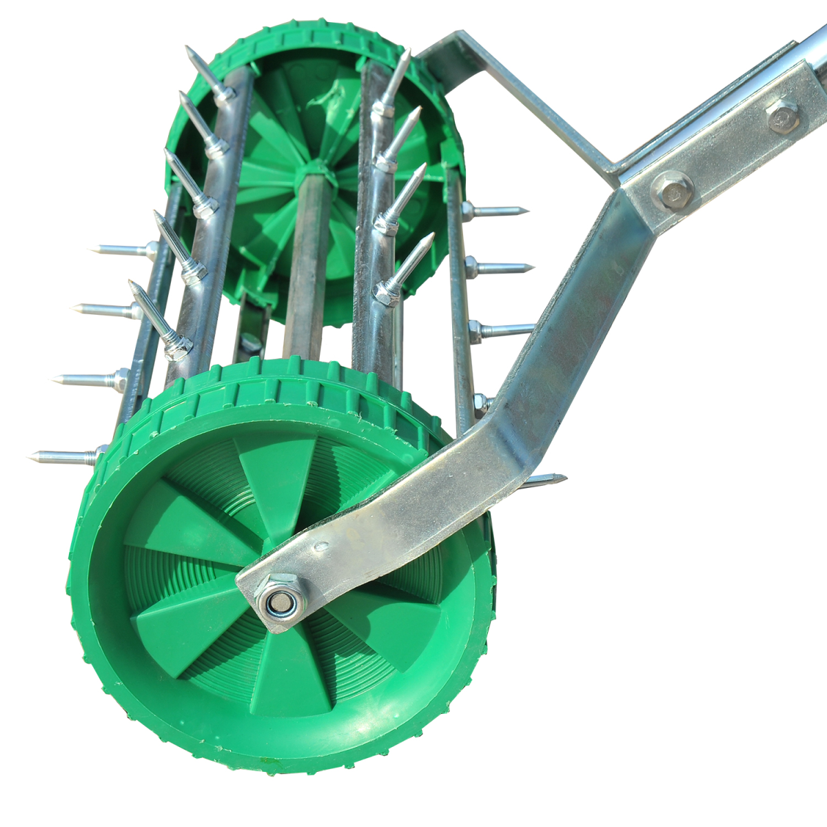 Outsunny Lawn Aerator Roller with Adjustable Handle – Galvanised Steel Spiked Garden Roller, Green/Silver