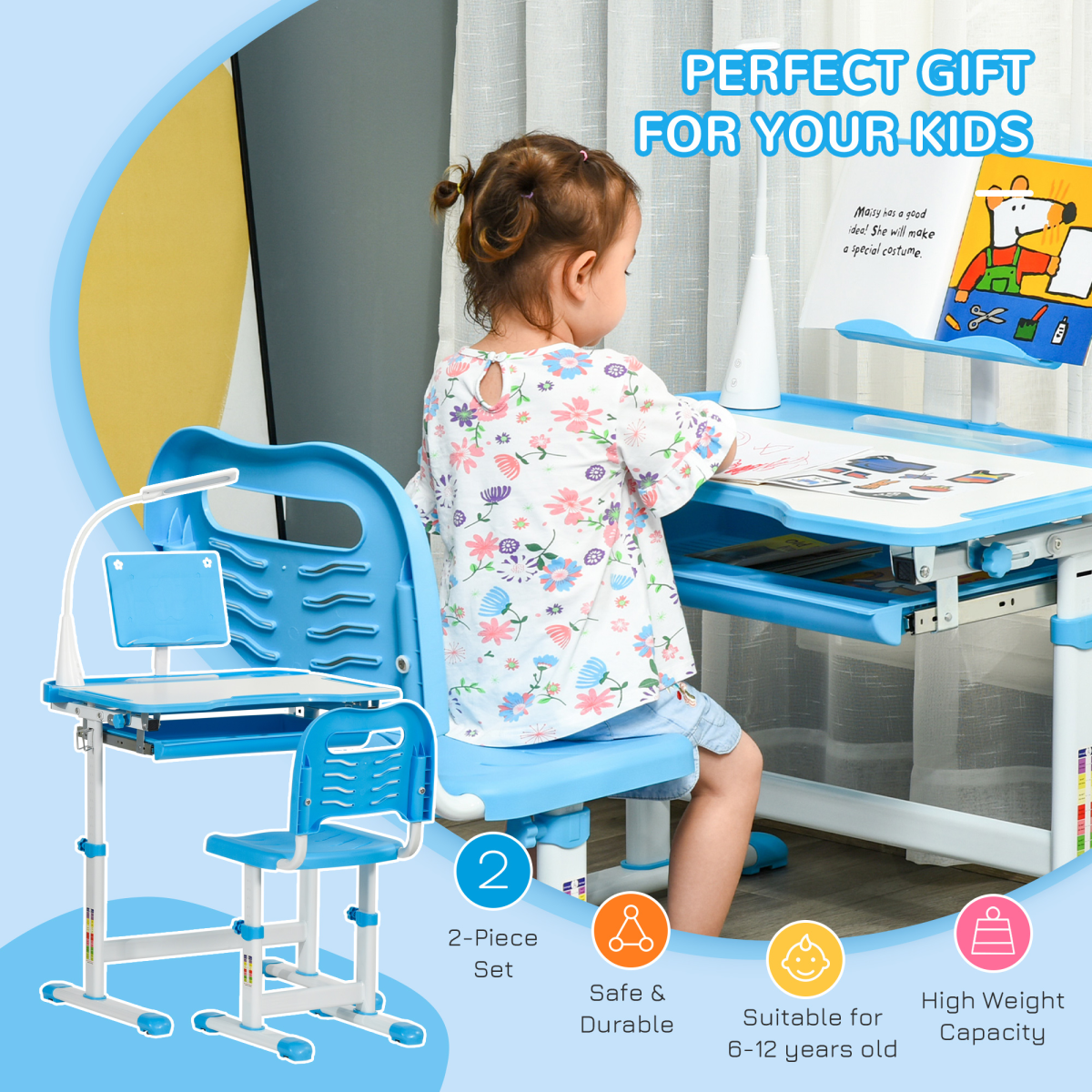 HOMCOM Kids Study Desk and Chair Set with USB Lamp, Tiltable Tabletop and Adjustable Height, Blue