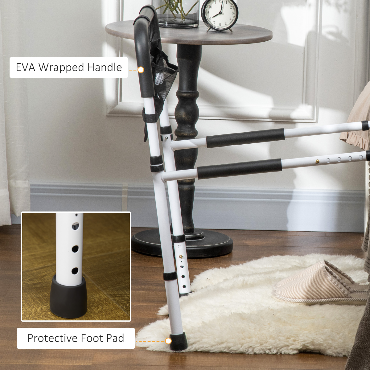 Adjustable Bed Assist Rail Grab Bar with Side Pocket & Foam Grip – Safety Handle for Flat-Frame Beds, White