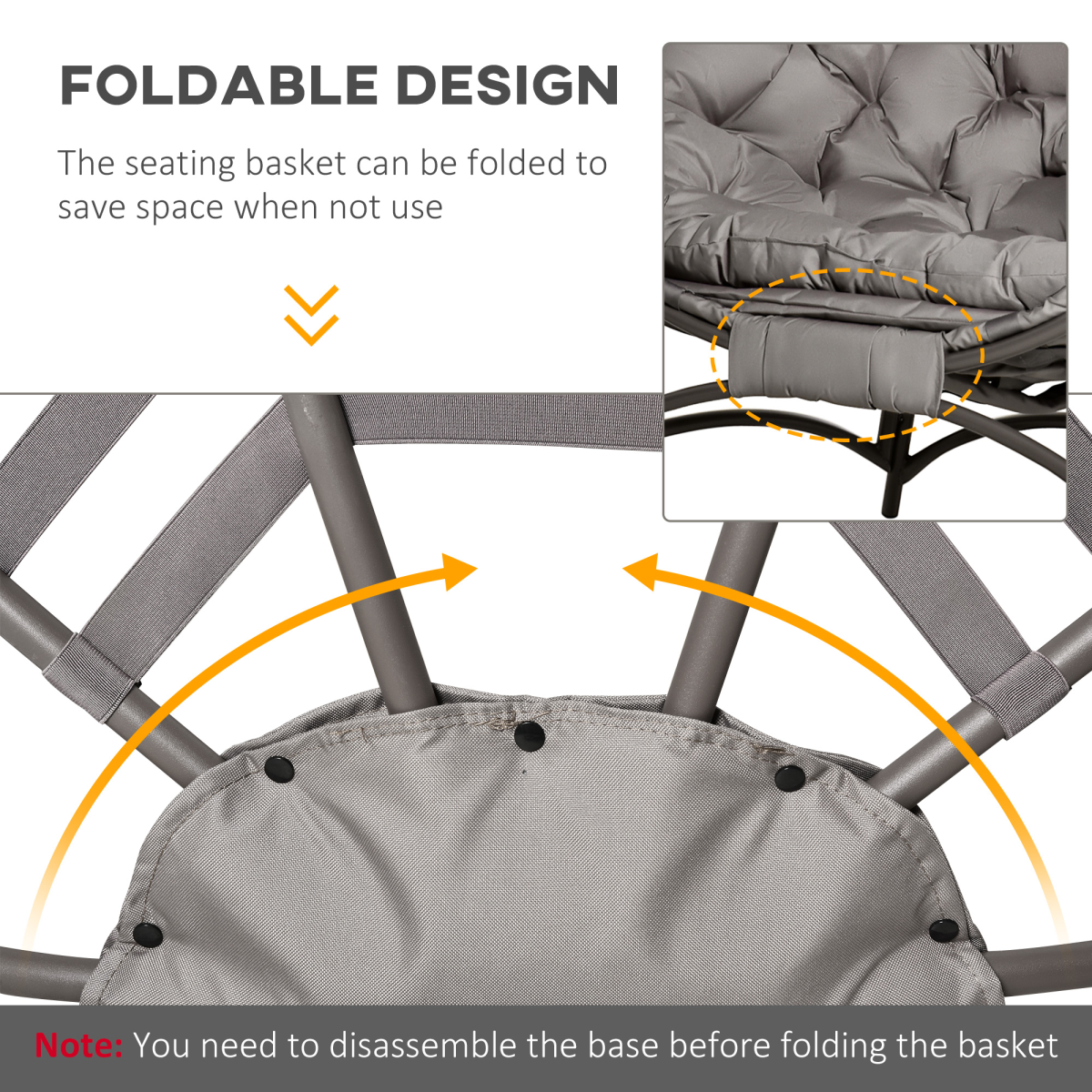 Outsunny Foldable Egg Chair with Padded Cushion, Steel Frame and Side Pocket – Indoor and Outdoor Lounge Seat