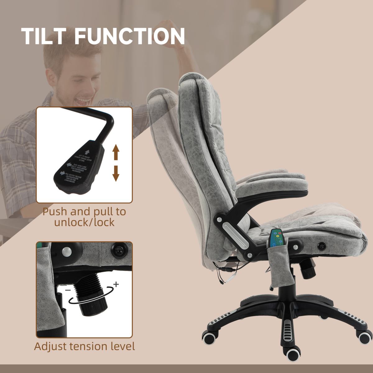 Executive Reclining Office Chair with Heated Massage & Headrest – Swivel Home Office Chair, Grey