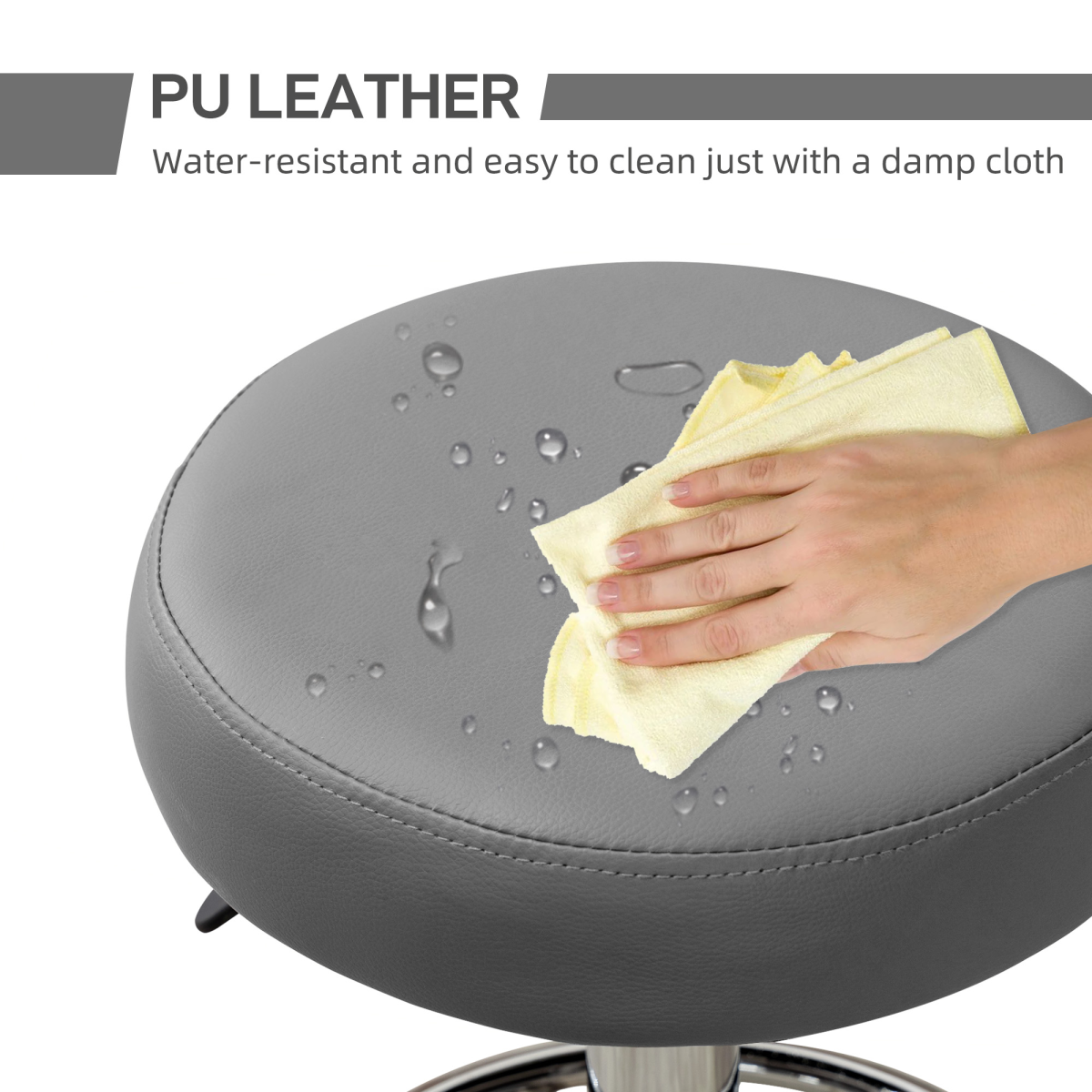 Vinsetto Round PU Leather Salon Stool with Footrest and Adjustable Height – 5 Wheels, Backless Design, Grey