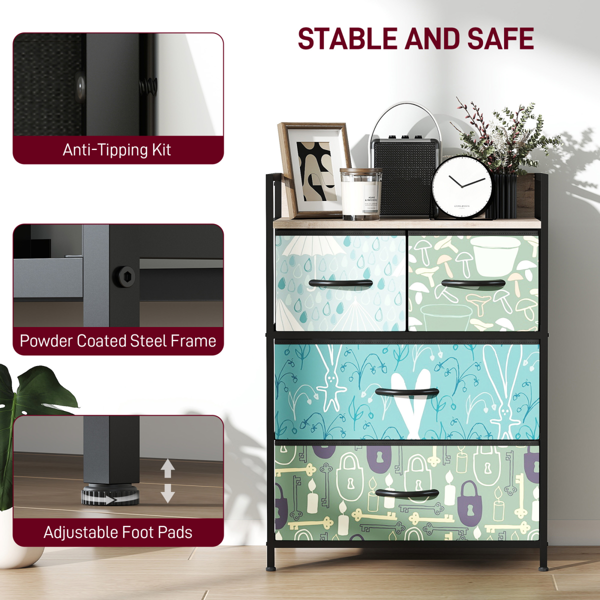4-Drawer Storage Cabinet with Patterned Drawer Fronts – Decorative Storage for Living Room & Hallway